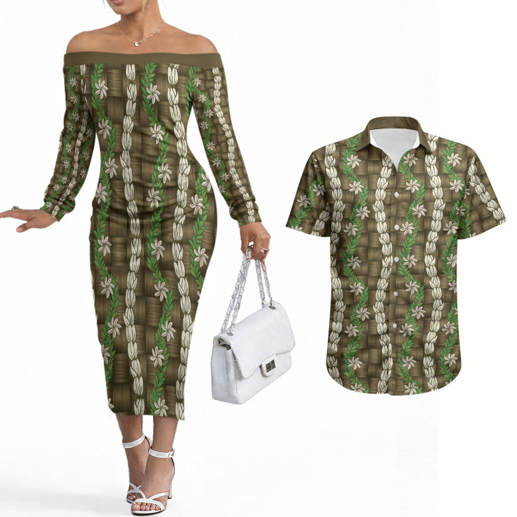 Pikake Maile Tiare Lei Couples Matching Off The Shoulder Long Sleeve Dress and Hawaiian Shirt Natural Lauhala Pattern LT01 Brown - Polynesian Pride