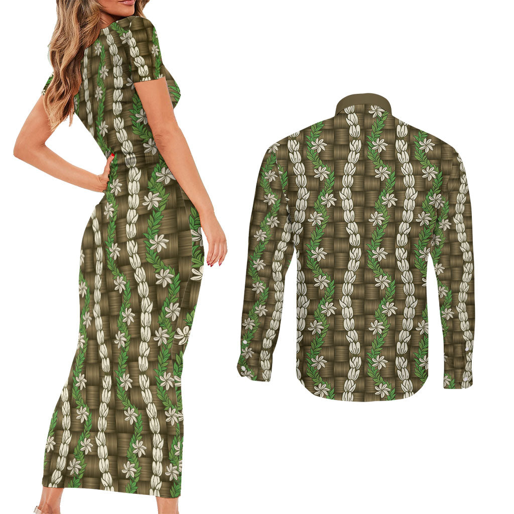 Pikake Maile Tiare Lei Couples Matching Short Sleeve Bodycon Dress and Long Sleeve Button Shirt Natural Lauhala Pattern