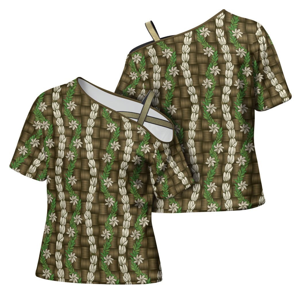 Pikake Maile Tiare Lei Cross Shoulder Shirt Natural Lauhala Pattern