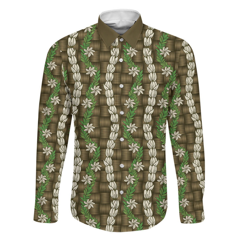 Pikake Maile Tiare Lei Family Matching Long Sleeve Bodycon Dress and Hawaiian Shirt Natural Lauhala Pattern
