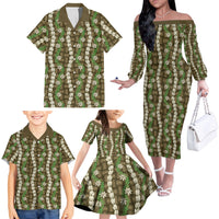 Pikake Maile Tiare Lei Family Matching Off The Shoulder Long Sleeve Dress and Hawaiian Shirt Natural Lauhala Pattern