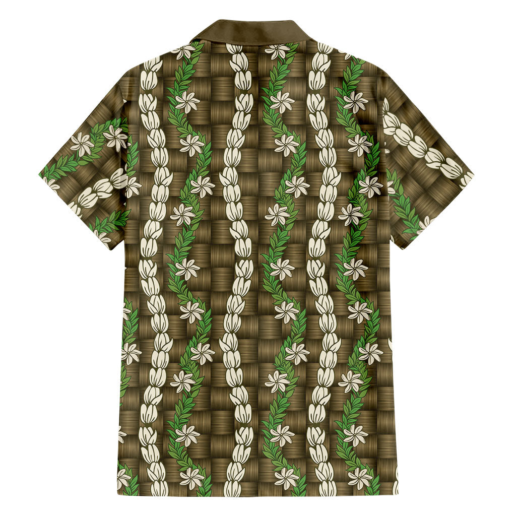 Pikake Maile Tiare Lei Family Matching Off Shoulder Short Dress and Hawaiian Shirt Natural Lauhala Pattern