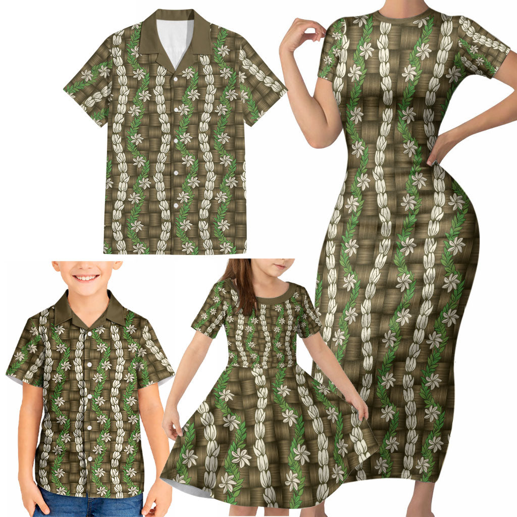 Pikake Maile Tiare Lei Family Matching Short Sleeve Bodycon Dress and Hawaiian Shirt Natural Lauhala Pattern LT01 - Polynesian Pride