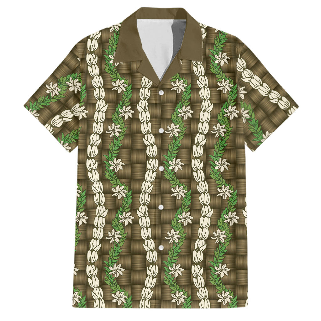 Pikake Maile Tiare Lei Family Matching Short Sleeve Bodycon Dress and Hawaiian Shirt Natural Lauhala Pattern