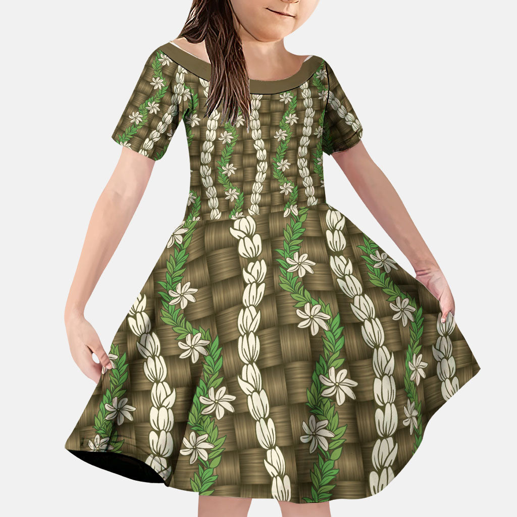 Pikake Maile Tiare Lei Family Matching Summer Maxi Dress and Hawaiian Shirt Natural Lauhala Pattern