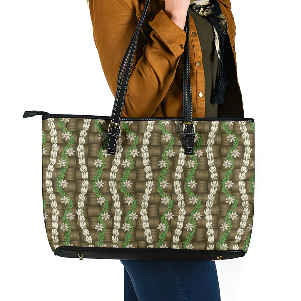 Pikake Maile Tiare Lei Leather Tote Bag Natural Lauhala Pattern