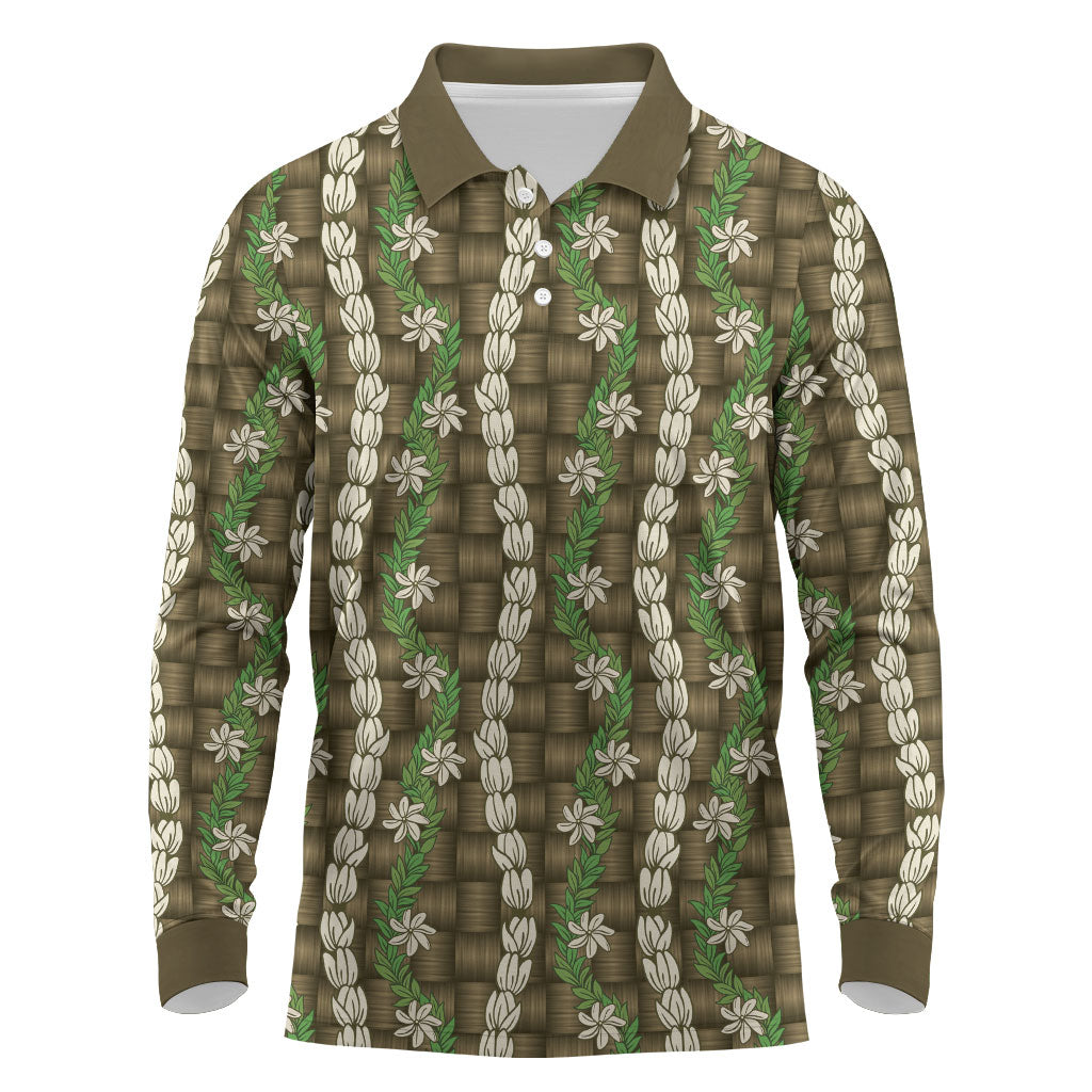Pikake Maile Tiare Lei Long Sleeve Polo Shirt Natural Lauhala Pattern