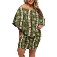 Pikake Maile Tiare Lei Off Shoulder Short Dress Natural Lauhala Pattern