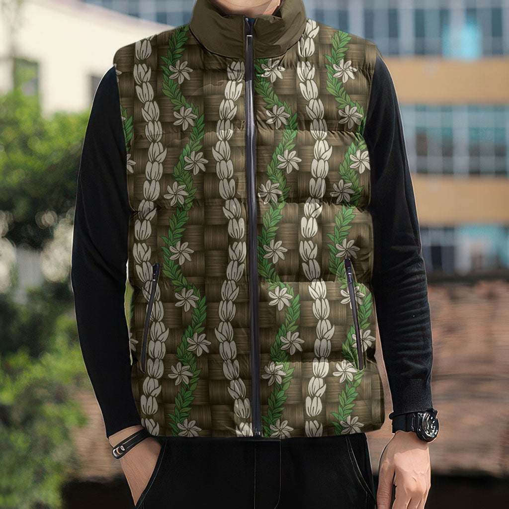 Pikake Maile Tiare Lei Sleeveless Puffer Jacket Natural Lauhala Pattern