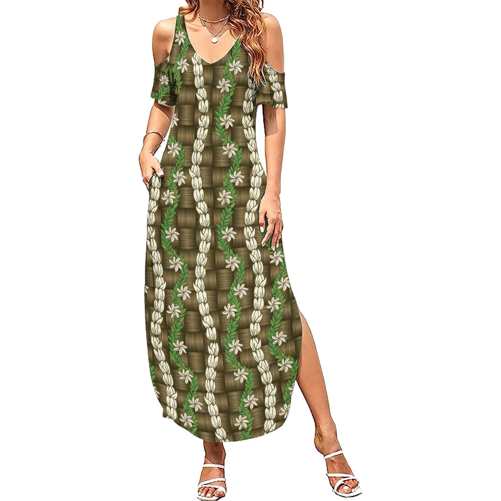 Pikake Maile Tiare Lei Summer Maxi Dress Natural Lauhala Pattern