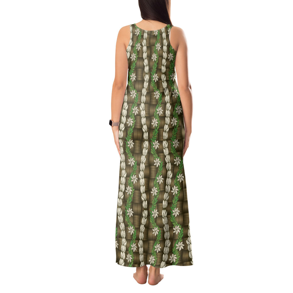 Pikake Maile Tiare Lei Tank Maxi Dress Natural Lauhala Pattern