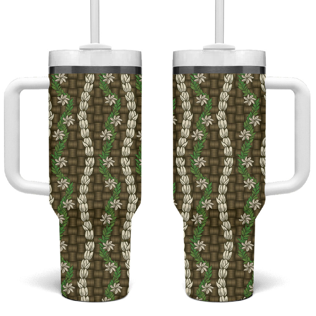 Pikake Maile Tiare Lei Tumbler With Handle Natural Lauhala Pattern
