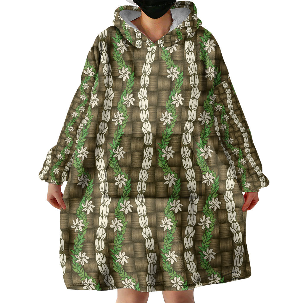 Pikake Maile Tiare Lei Wearable Blanket Hoodie Natural Lauhala Pattern