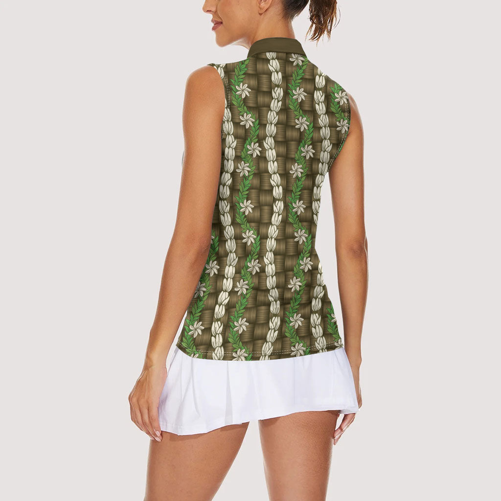 Pikake Maile Tiare Lei Women Sleeveless Polo Shirt Natural Lauhala Pattern