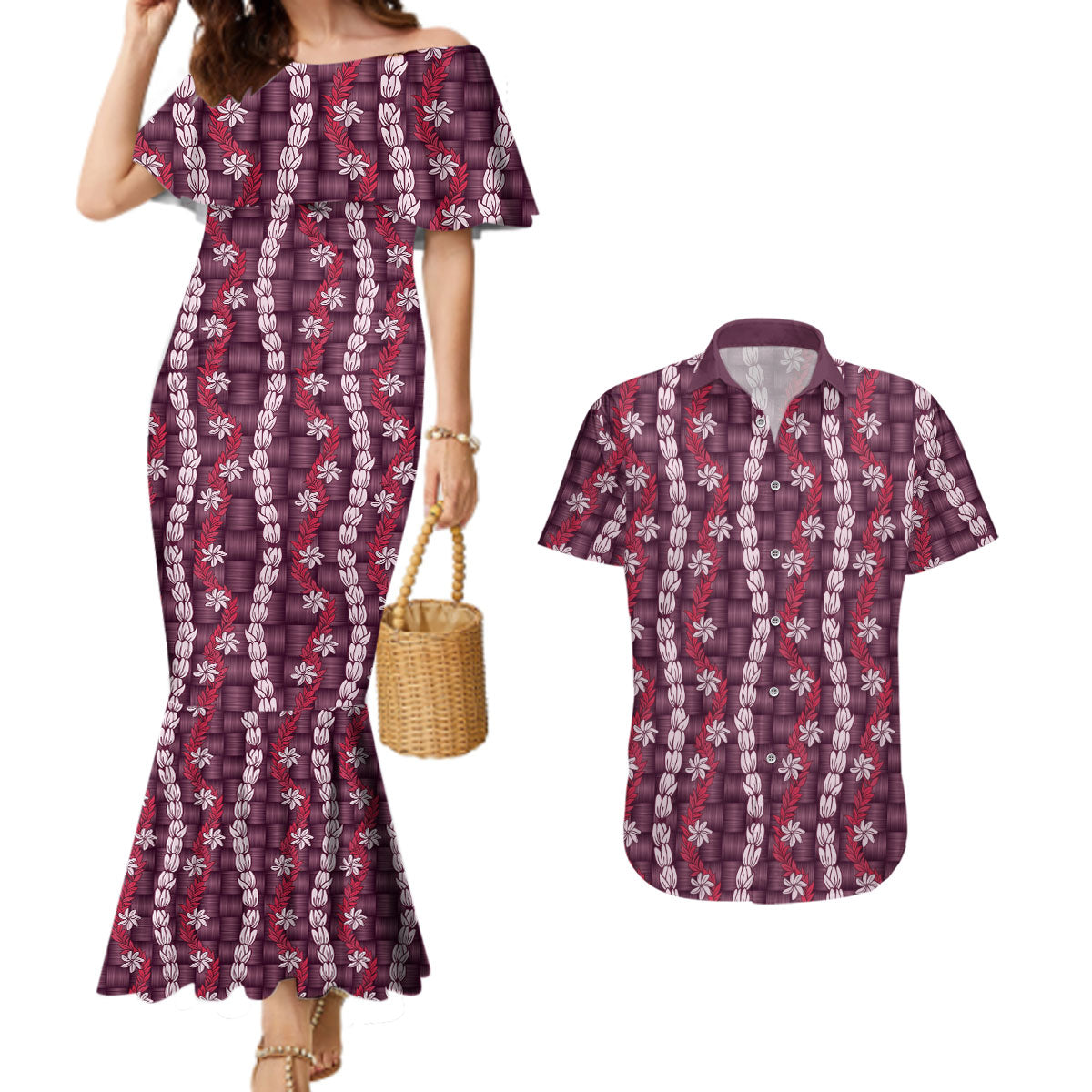 Pikake Maile Tiare Lei Couples Matching Mermaid Dress and Hawaiian Shirt Akala Lauhala Pattern