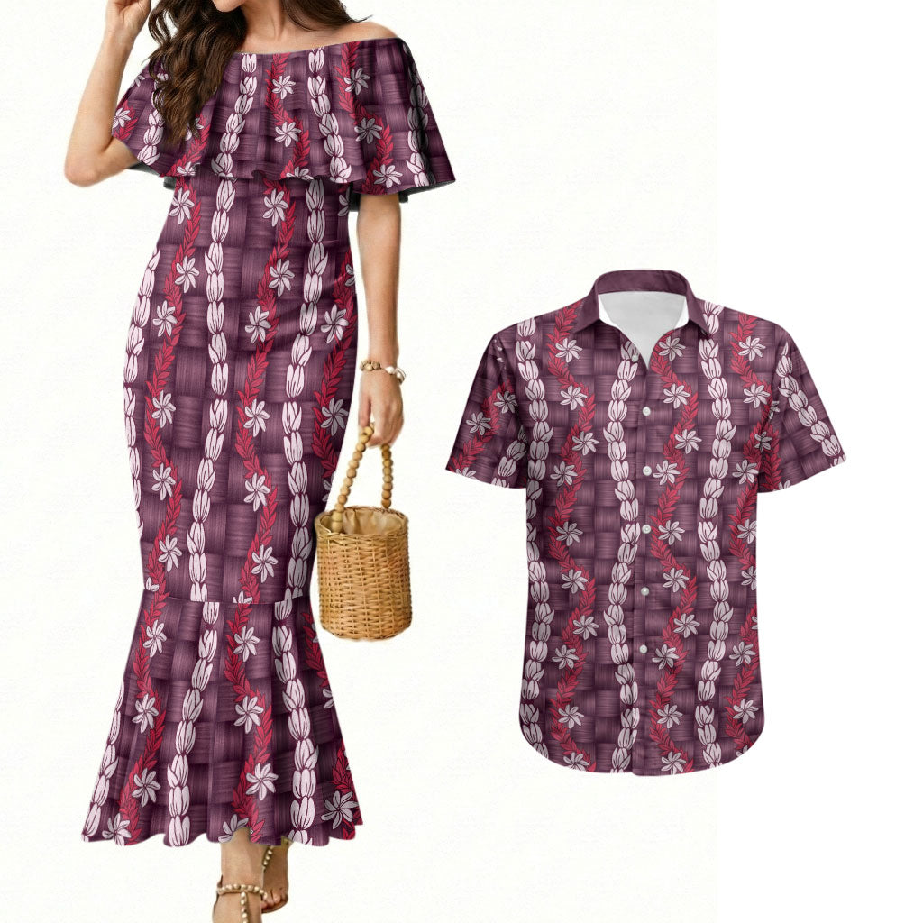 Pikake Maile Tiare Lei Couples Matching Mermaid Dress and Hawaiian Shirt Akala Lauhala Pattern LT01 Pink - Polynesian Pride