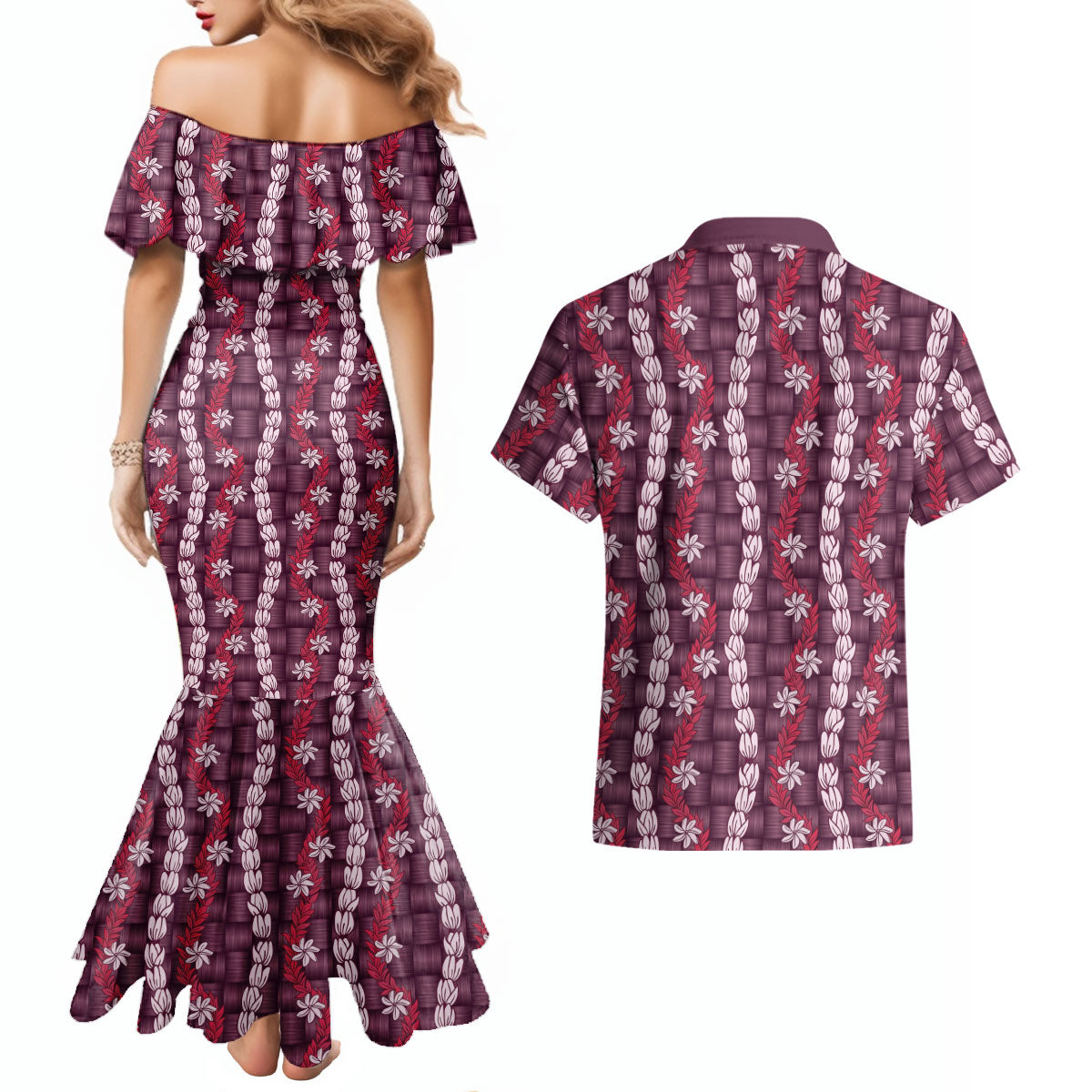 Pikake Maile Tiare Lei Couples Matching Mermaid Dress and Hawaiian Shirt Akala Lauhala Pattern