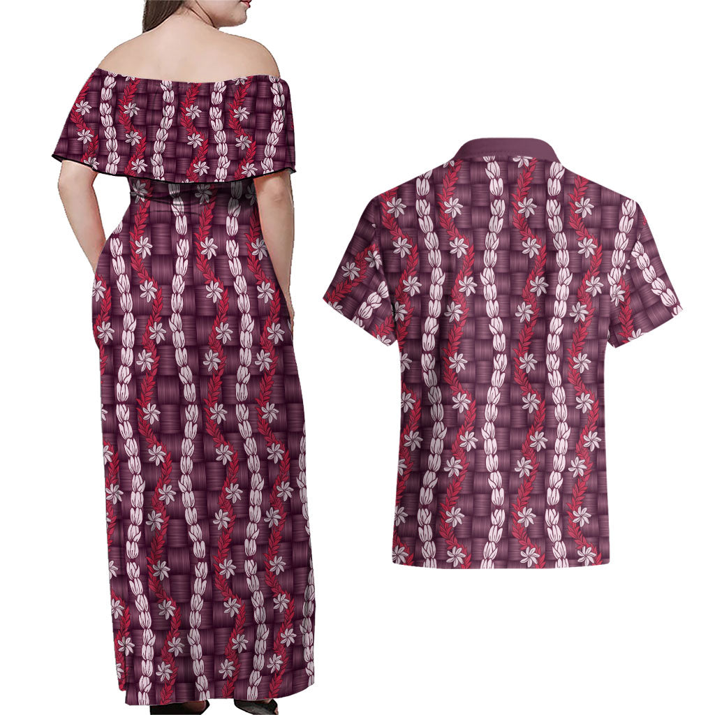 Pikake Maile Tiare Lei Couples Matching Off Shoulder Maxi Dress and Hawaiian Shirt Akala Lauhala Pattern