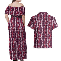 Pikake Maile Tiare Lei Couples Matching Off Shoulder Maxi Dress and Hawaiian Shirt Akala Lauhala Pattern