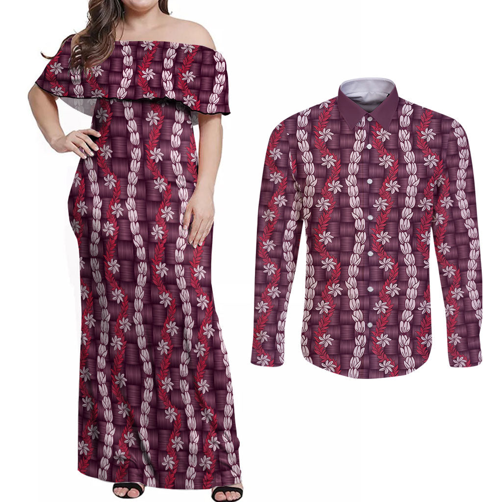 Pikake Maile Tiare Lei Couples Matching Off Shoulder Maxi Dress and Long Sleeve Button Shirt Akala Lauhala Pattern