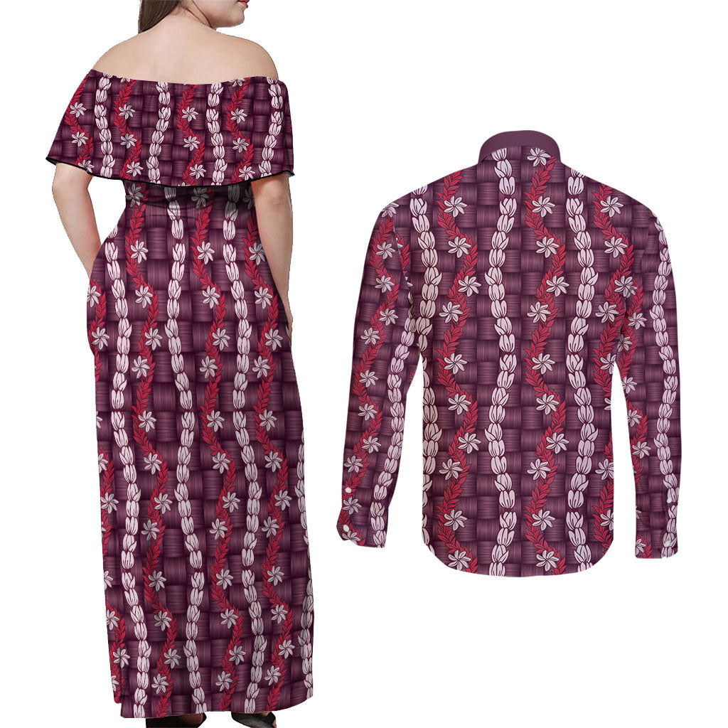 Pikake Maile Tiare Lei Couples Matching Off Shoulder Maxi Dress and Long Sleeve Button Shirt Akala Lauhala Pattern