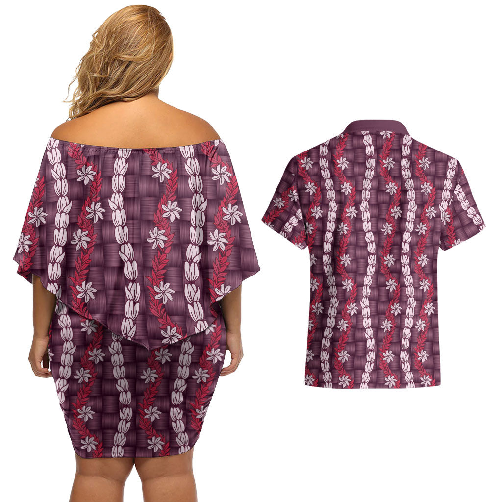 Pikake Maile Tiare Lei Couples Matching Off Shoulder Short Dress and Hawaiian Shirt Akala Lauhala Pattern