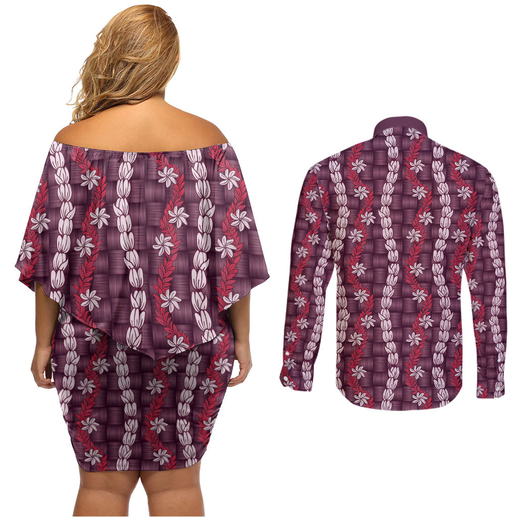 Pikake Maile Tiare Lei Couples Matching Off Shoulder Short Dress and Long Sleeve Button Shirt Akala Lauhala Pattern
