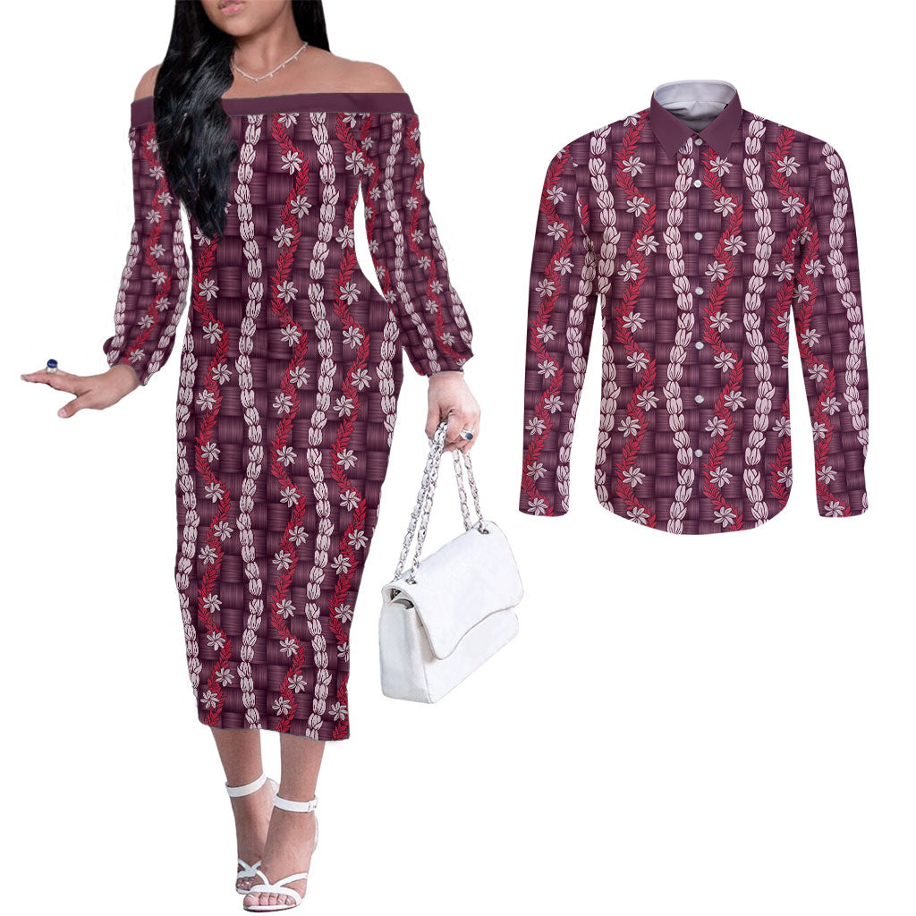 Pikake Maile Tiare Lei Couples Matching Off The Shoulder Long Sleeve Dress and Long Sleeve Button Shirt Akala Lauhala Pattern