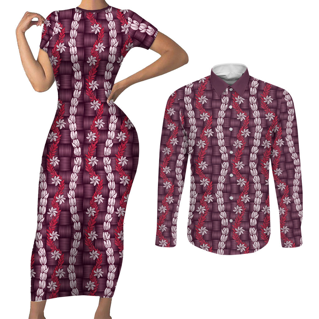 Pikake Maile Tiare Lei Couples Matching Short Sleeve Bodycon Dress and Long Sleeve Button Shirt Akala Lauhala Pattern