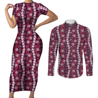 Pikake Maile Tiare Lei Couples Matching Short Sleeve Bodycon Dress and Long Sleeve Button Shirt Akala Lauhala Pattern