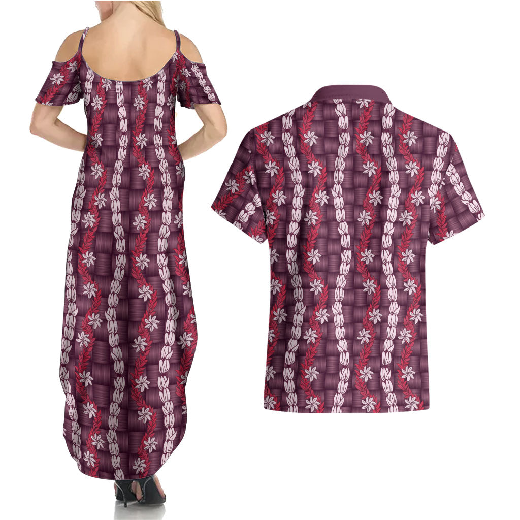 Pikake Maile Tiare Lei Couples Matching Summer Maxi Dress and Hawaiian Shirt Akala Lauhala Pattern