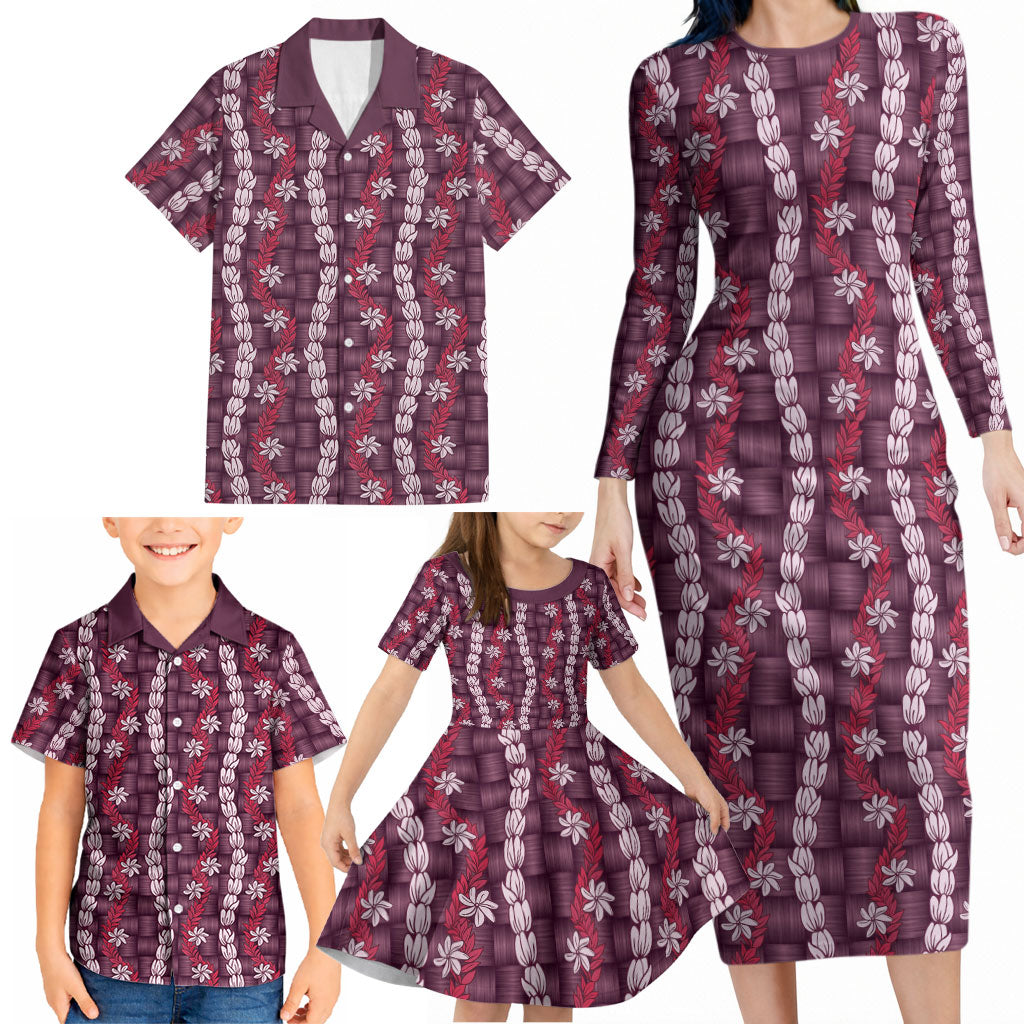 Pikake Maile Tiare Lei Family Matching Long Sleeve Bodycon Dress and Hawaiian Shirt Akala Lauhala Pattern LT01 - Polynesian Pride