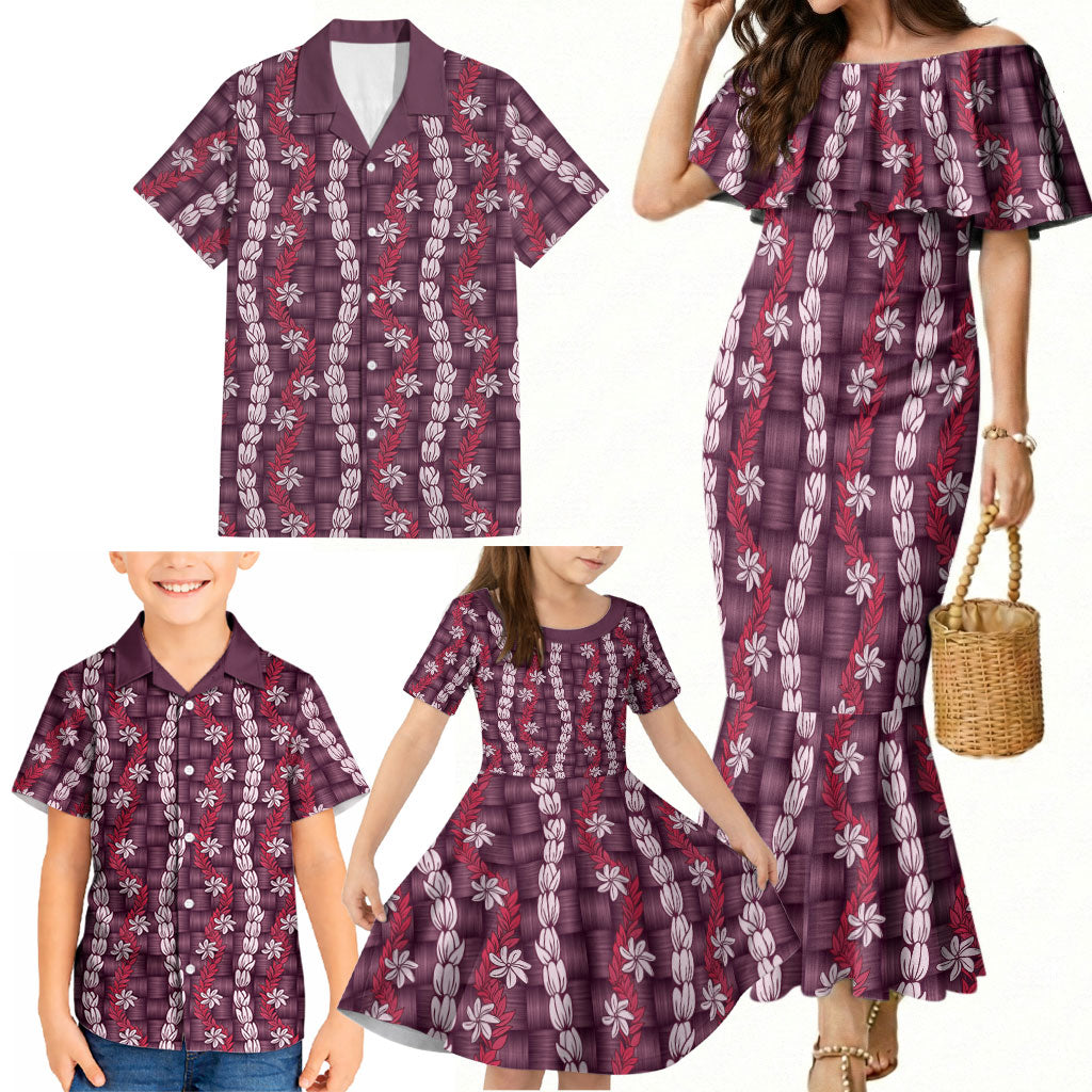 Pikake Maile Tiare Lei Family Matching Mermaid Dress and Hawaiian Shirt Akala Lauhala Pattern LT01 - Polynesian Pride