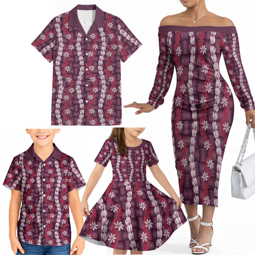 Pikake Maile Tiare Lei Family Matching Off The Shoulder Long Sleeve Dress and Hawaiian Shirt Akala Lauhala Pattern LT01 - Polynesian Pride