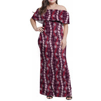 Pikake Maile Tiare Lei Family Matching Off Shoulder Maxi Dress and Hawaiian Shirt Akala Lauhala Pattern