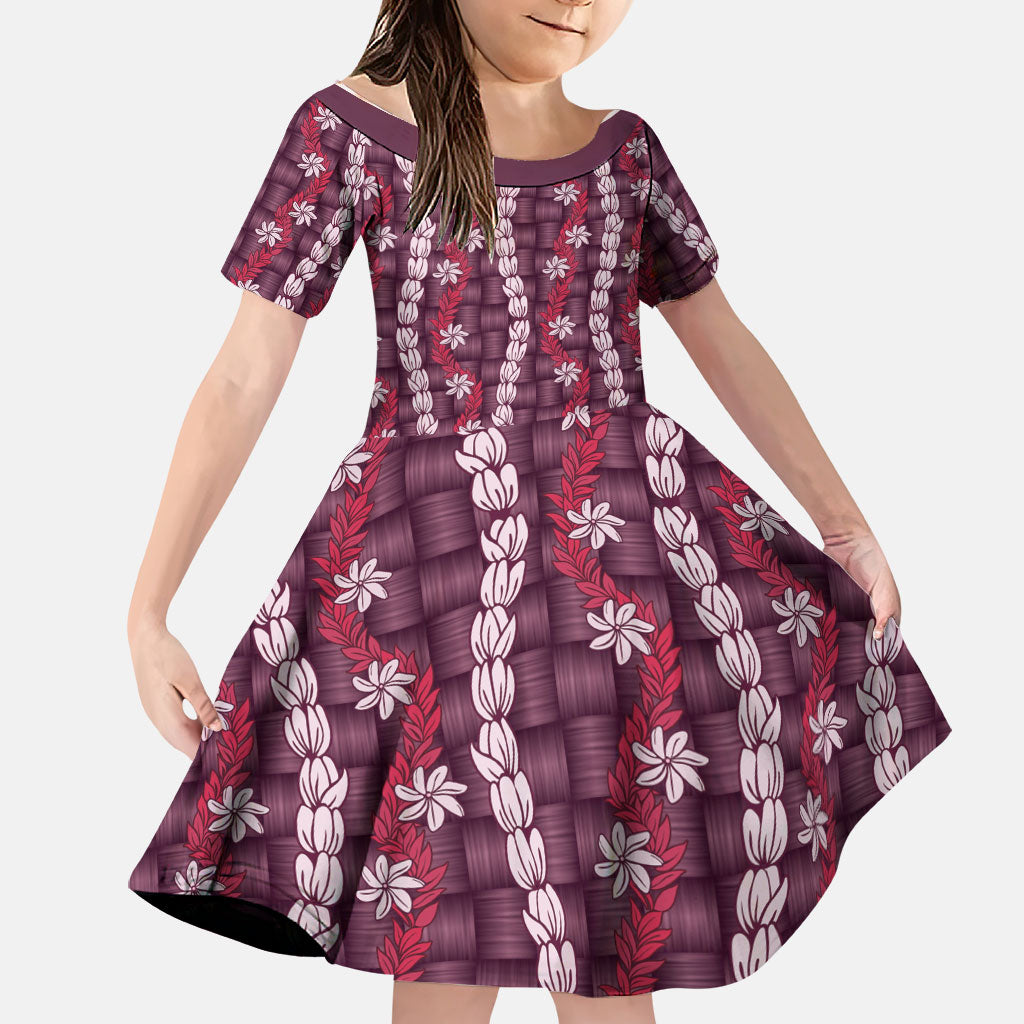 Pikake Maile Tiare Lei Family Matching Off Shoulder Short Dress and Hawaiian Shirt Akala Lauhala Pattern