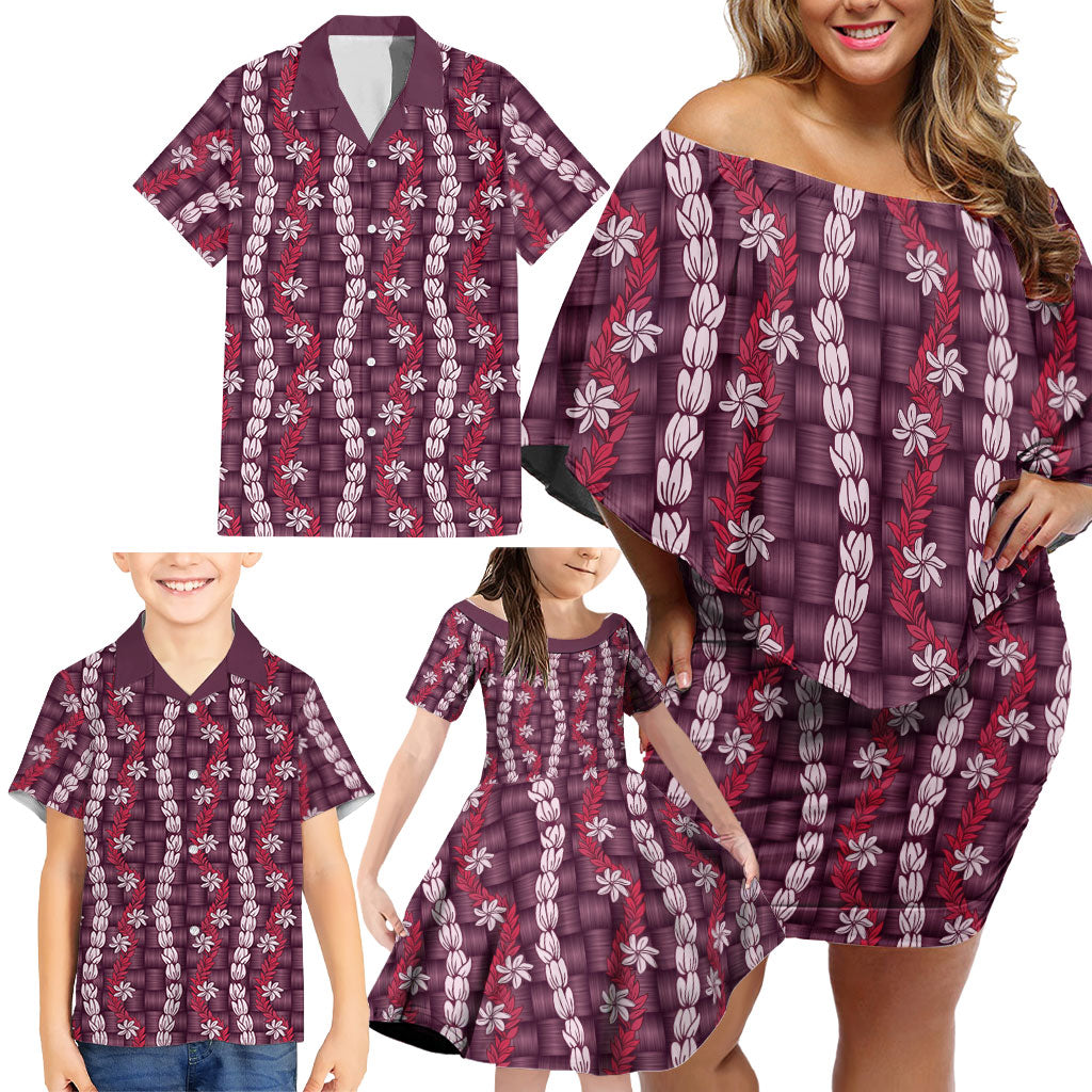 Pikake Maile Tiare Lei Family Matching Off Shoulder Short Dress and Hawaiian Shirt Akala Lauhala Pattern