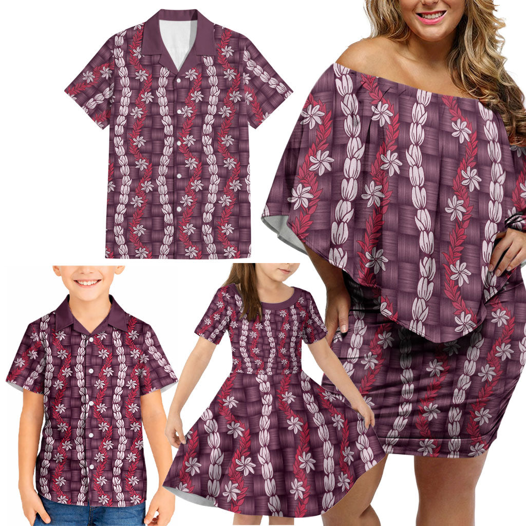 Pikake Maile Tiare Lei Family Matching Off Shoulder Short Dress and Hawaiian Shirt Akala Lauhala Pattern LT01 - Polynesian Pride