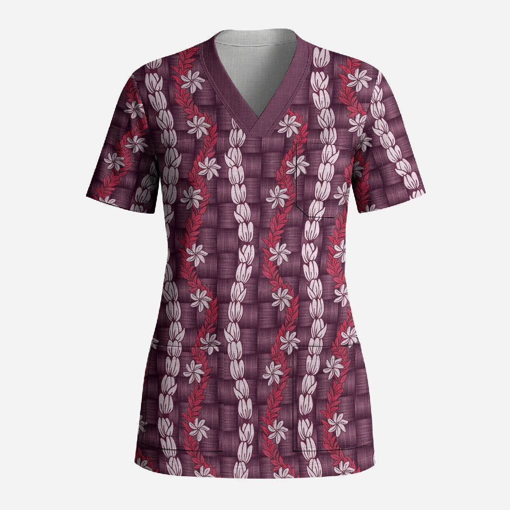 Pikake Maile Tiare Lei Scrub Top Akala Lauhala Pattern
