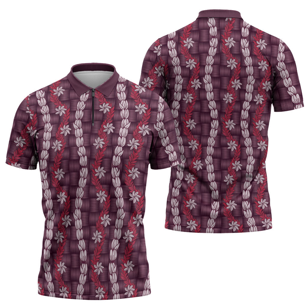 Pikake Maile Tiare Lei Zipper Polo Shirt Akala Lauhala Pattern