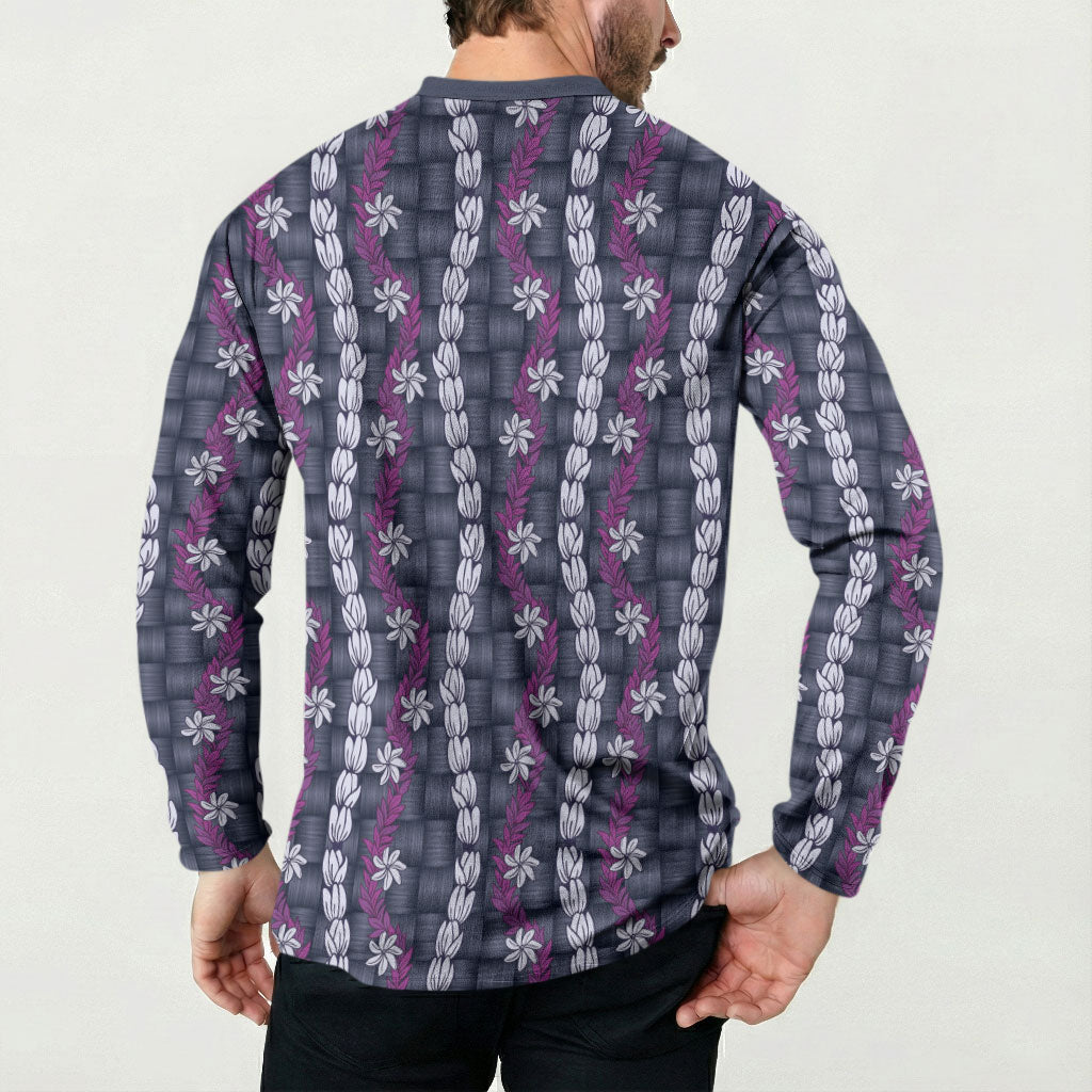 Pikake Maile Tiare Lei Button Sweatshirt Poni Lauhala Pattern