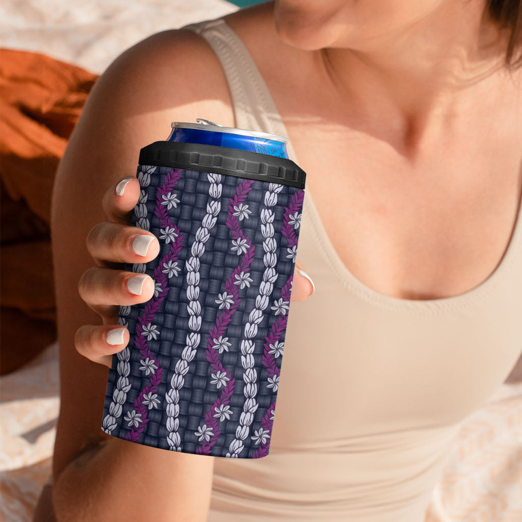 Pikake Maile Tiare Lei 4 in 1 Can Cooler Tumbler Poni Lauhala Pattern