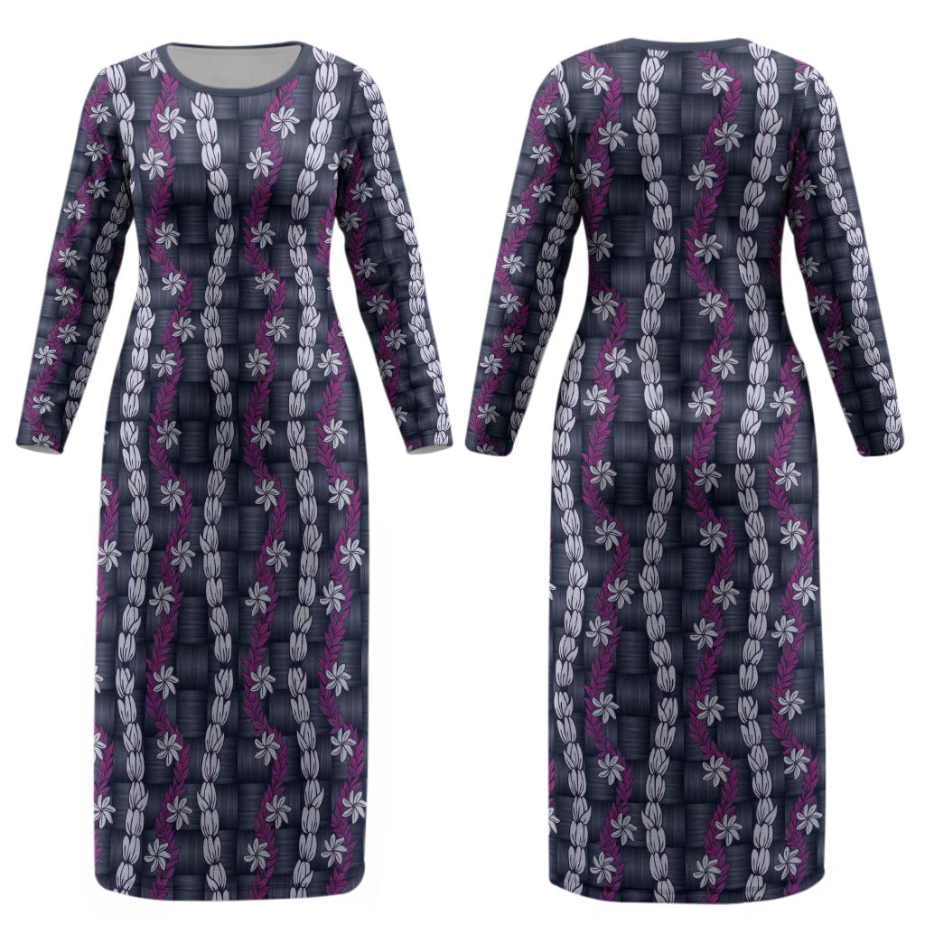 Pikake Maile Tiare Lei Couples Matching Long Sleeve Bodycon Dress and Long Sleeve Button Shirt Poni Lauhala Pattern LT01 - Polynesian Pride