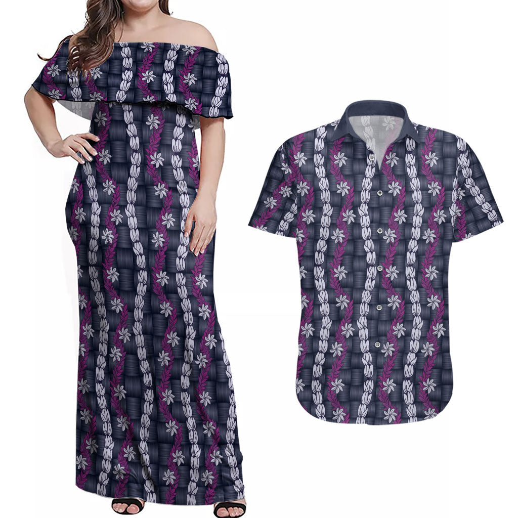 Pikake Maile Tiare Lei Couples Matching Off Shoulder Maxi Dress and Hawaiian Shirt Poni Lauhala Pattern