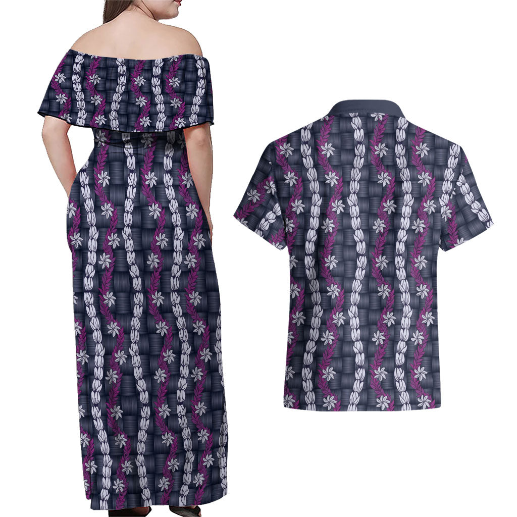 Pikake Maile Tiare Lei Couples Matching Off Shoulder Maxi Dress and Hawaiian Shirt Poni Lauhala Pattern