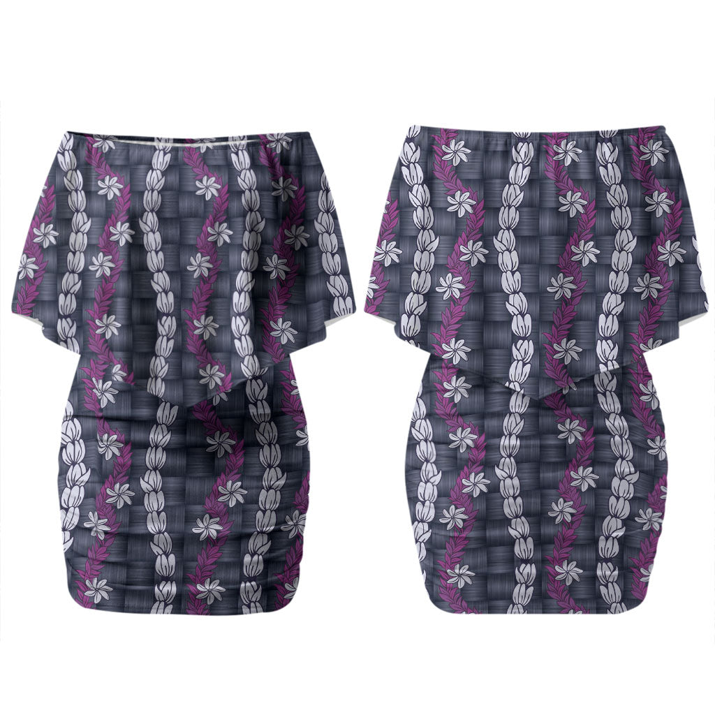 Pikake Maile Tiare Lei Couples Matching Off Shoulder Short Dress and Long Sleeve Button Shirt Poni Lauhala Pattern LT01 - Polynesian Pride