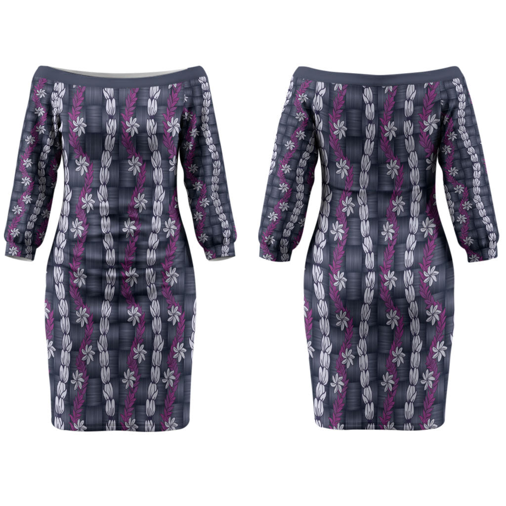 Pikake Maile Tiare Lei Couples Matching Off The Shoulder Long Sleeve Dress and Hawaiian Shirt Poni Lauhala Pattern LT01 - Polynesian Pride