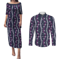 Pikake Maile Tiare Lei Couples Matching Puletasi and Long Sleeve Button Shirt Poni Lauhala Pattern