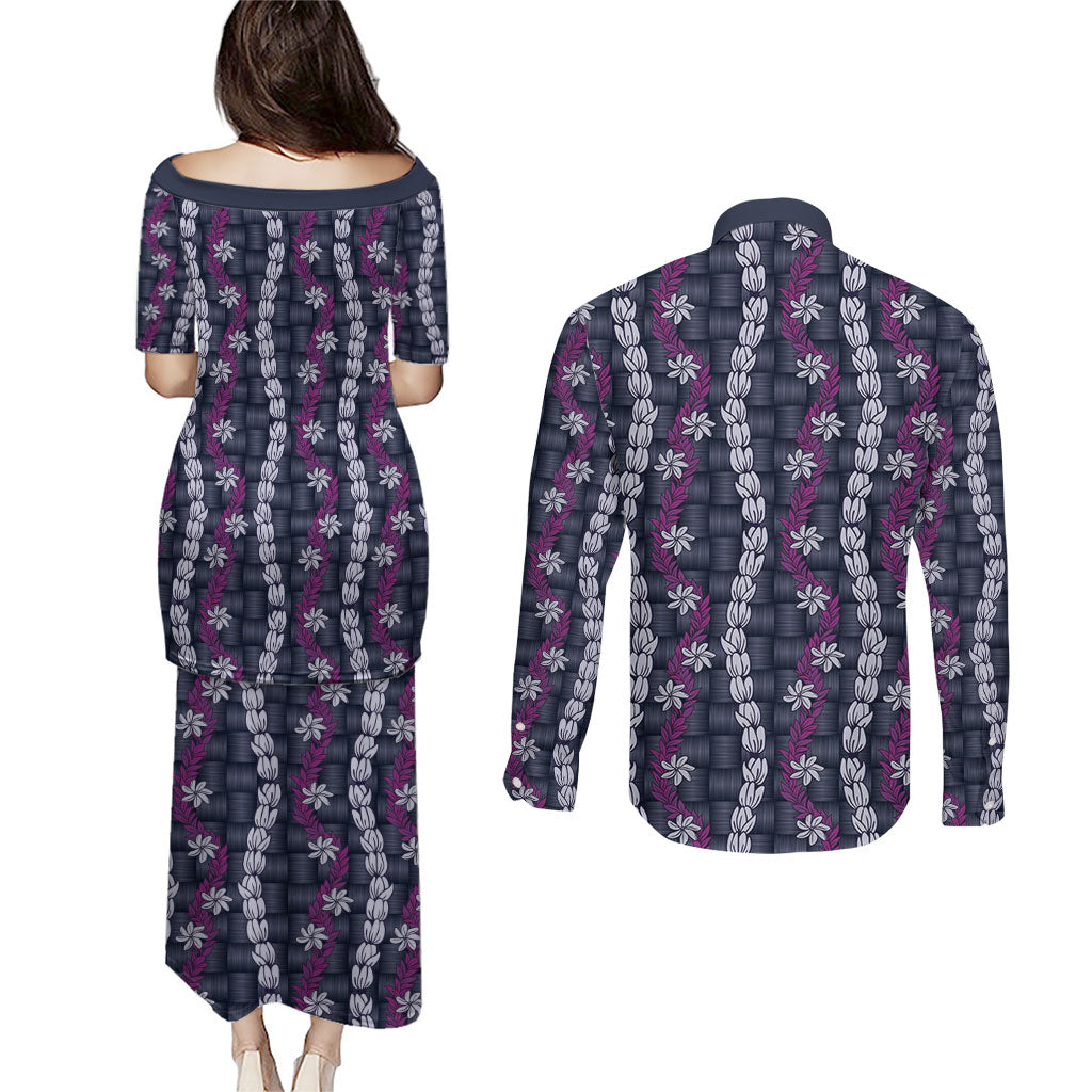 Pikake Maile Tiare Lei Couples Matching Puletasi and Long Sleeve Button Shirt Poni Lauhala Pattern