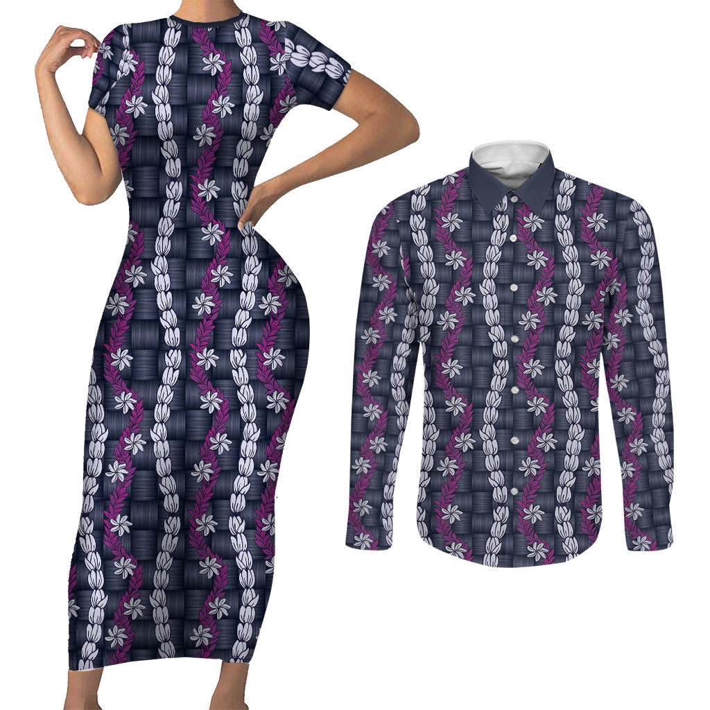 Pikake Maile Tiare Lei Couples Matching Short Sleeve Bodycon Dress and Long Sleeve Button Shirt Poni Lauhala Pattern